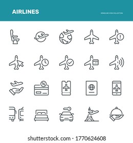 Airlines Icons,  Monoline concept
The icons were created on a 48x48 pixel aligned, perfect grid providing a clean and crisp appearance. Adjustable stroke weight. 
