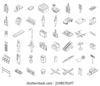 Juego de iconos de las líneas aéreas. Conjunto isométrico de líneas aéreas iconos vectoriales contorno línea delgada aislada en blanco