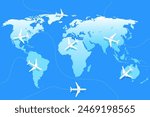 Airlines. International flights. Airplanes over the world map. Vector illustration