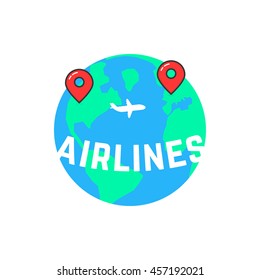 airlines like build a route. concept of vessel mark, voyage, direction, ocean, airliner, jetliner, passage, marker. flat style trend modern logotype design vector illustration on white background