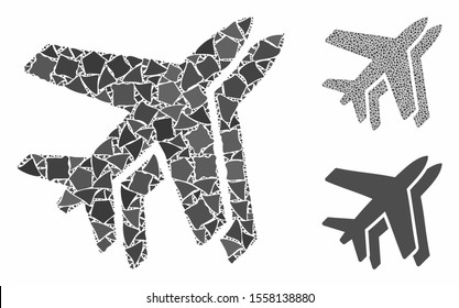 Airlines mosaic of humpy items in variable sizes and shades, based on airlines icon. Vector inequal items are grouped into illustration. Airlines icons collage with dotted pattern.