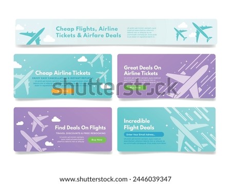 Airlines offer cheap flight ticket landing page header design template set vector illustration. International flying aeroplane sale discount internet ad aviation transportation price off clearance
