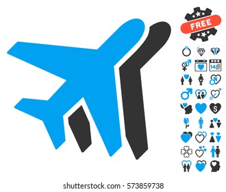 Airlines pictograph with bonus valentine pictograms. Vector illustration style is flat iconic blue and gray symbols on white background.