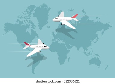 Airlines, planes over world map, vector illustration