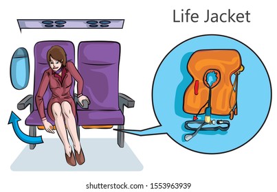 Airlines showing how to pick up life jackets under the passenger seat and shoe the detail of life jacket cartoon vector