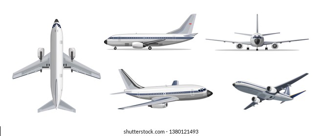 Airlines transportation concept. Vector airplane with yellow and blue stripes on white background. Airplane in top, side, front, back and bottom view. Vector aircraft illustration.