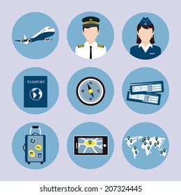 Airlines travel concept icons set with pilot stewardess passport luggage trolley tickets vector isolated illustration