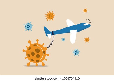 Airlines and travel industry impact financial problem bankrupt from Coronavirus COVID-19 outbreak crisis concept, commercial airplane chain with big heavy Coronavirus COVID-19 pathogen and cannot fly.