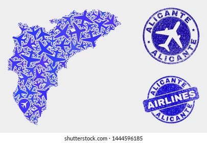 Airlines vector Alicante Province map mosaic and grunge watermarks. Abstract Alicante Province map is organized with blue flat randomized airlines symbols and map markers.