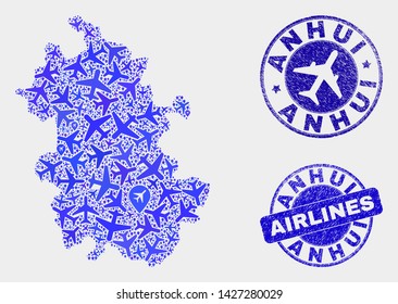 Airlines vector Anhui Province map composition and grunge seals. Abstract Anhui Province map is formed with blue flat random airplane symbols and map pointers. Transport plan in blue colors,