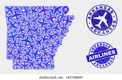 Airlines vector Arkansas State map mosaic and scratched seals. Abstract Arkansas State map is composed with blue flat random airlines symbols and map locations. Shipping scheme in blue colors,