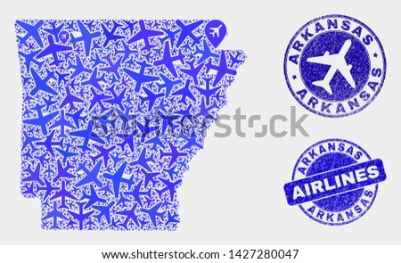 Airlines vector Arkansas State map mosaic and scratched seals. Abstract Arkansas State map is composed with blue flat random airlines symbols and map locations. Shipping scheme in blue colors,