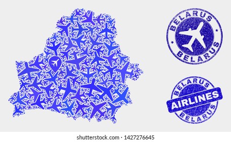 Airlines vector Belarus map collage and grunge seals. Abstract Belarus map is done with blue flat randomized airlines symbols and map markers. Transport plan in blue colors, and rounded seals.