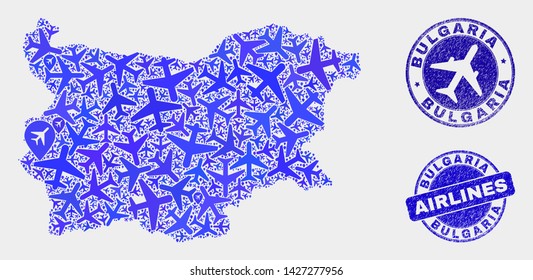 Airlines vector Bulgaria map collage and grunge watermarks. Abstract Bulgaria map is composed with blue flat scattered airlines symbols and map locations. Flight plan in blue colors,