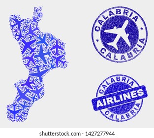 Airlines vector Calabria region map mosaic and scratched seals. Abstract Calabria region map is created of blue flat scattered aviation symbols and map markers. Flight plan in blue colors,