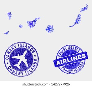 Airlines vector Canary Islands map collage and scratched stamps. Abstract Canary Islands map is formed from blue flat random aircraft symbols and map pointers. Flight plan in blue colors,