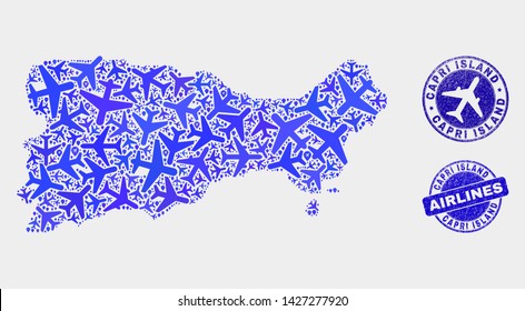 Airlines vector Capri Island map mosaic and scratched seals. Abstract Capri Island map is constructed from blue flat scattered airplane symbols and map markers. Shipping plan in blue colors,