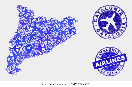 Airlines vector Catalonia map collage and scratched watermarks. Abstract Catalonia map is composed of blue flat random airlines symbols and map locations. Flight scheme in blue colors,