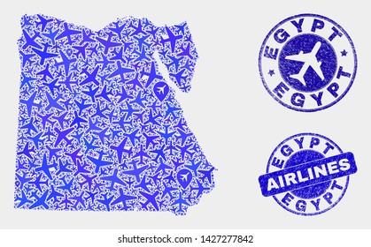 Airlines vector Egypt map collage and grunge seals. Abstract Egypt map is created of blue flat scattered airlines symbols and map locations. Tourism plan in blue colors, and rounded seals.