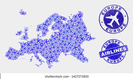 Airlines vector Europe map mosaic and grunge seals. Abstract Europe map is created of blue flat randomized airlines symbols and map pointers. Shipping scheme in blue colors, and rounded stamp seals.