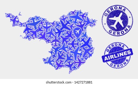 Airlines vector Gerona Province map mosaic and grunge watermarks. Abstract Gerona Province map is designed of blue flat scattered airlines symbols and map markers. Flight plan in blue colors,