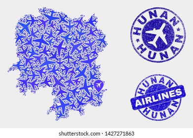 Airlines vector Hunan Province map collage and grunge seals. Abstract Hunan Province map is organized from blue flat random aircraft symbols and map locations. Flight scheme in blue colors,