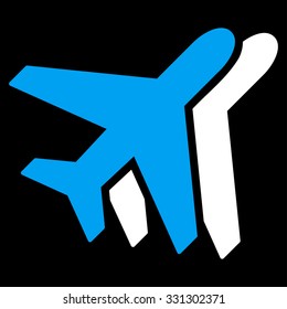 Airlines vector icon. Style is flat bicolor blue and white symbol, rounded angles, black background.