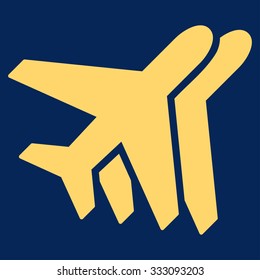 Airlines vector icon. Style is flat yellow symbol, rounded angles, blue background.