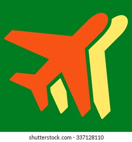 Airlines vector icon. Style is flat bicolor orange and yellow symbol, rounded angles, green background.