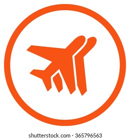 Airlines vector icon. Style is flat circled symbol, orange color, rounded angles, white background.