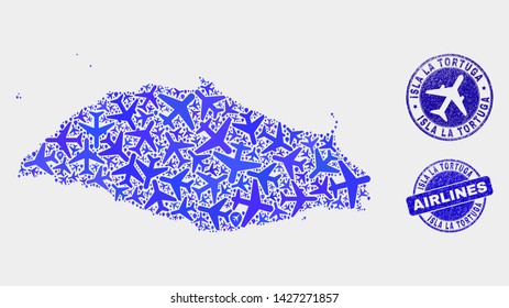Airlines vector Isla La Tortuga map composition and grunge seals. Abstract Isla La Tortuga map is constructed with blue flat randomized airlines symbols and map pointers.
