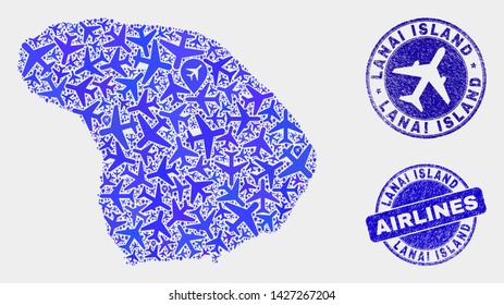Airlines vector Lanai Island map collage and scratched watermarks. Abstract Lanai Island map is organized with blue flat randomized aircraft symbols and map locations. Delivery plan in blue colors,