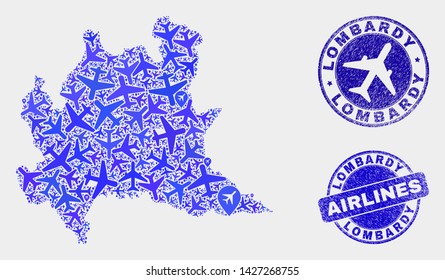 Airlines vector Lombardy region map collage and grunge seals. Abstract Lombardy region map is formed of blue flat random airlines symbols and map pointers. Shipping plan in blue colors,