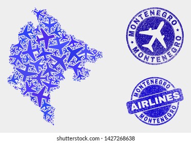Airlines vector Montenegro map mosaic and scratched seals. Abstract Montenegro map is formed from blue flat scattered airlines symbols and map markers. Tourism plan in blue colors,