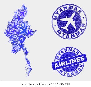 Airlines vector Myanmar map collage and scratched seals. Abstract Myanmar map is created with blue flat randomized airlines symbols and map locations. Shipping scheme in blue colors,