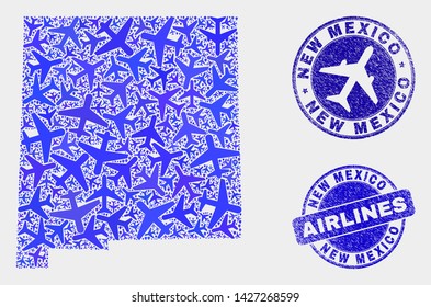 Airlines vector New Mexico State map mosaic and scratched stamps. Abstract New Mexico State map is formed with blue flat randomized airlines symbols and map markers. Tourism plan in blue colors,