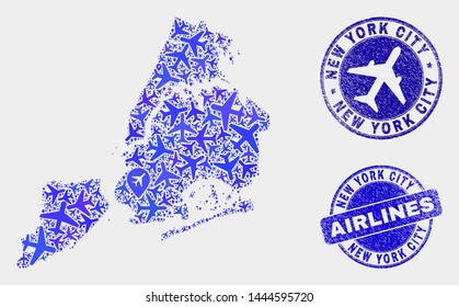 Airlines vector New York City map collage and scratched stamps. Abstract New York City map is done from blue flat random airlines symbols and map pointers. Flight plan in blue colors,