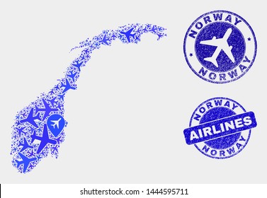 Airlines vector Norway map mosaic and scratched stamps. Abstract Norway map is created with blue flat scattered airlines symbols and map markers. Tourism plan in blue colors, and rounded stamps.