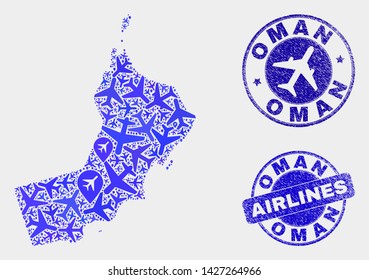 Airlines vector Oman map mosaic and scratched stamps. Abstract Oman map is done with blue flat random airlines symbols and map locations. Shipping plan in blue colors, and rounded stamps.