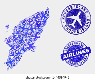 Airlines vector Rhodes Island map mosaic and scratched watermarks. Abstract Rhodes Island map is designed with blue flat random airlines symbols and map locations. Delivery plan in blue colors,