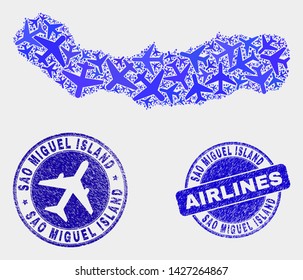 Airlines vector Sao Miguel Island map mosaic and grunge stamps. Abstract Sao Miguel Island map is designed with blue flat randomized airlines symbols and map locations. Tourism scheme in blue colors,