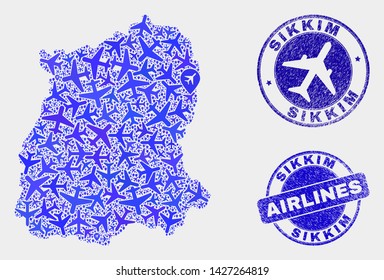 Airlines vector Sikkim State map mosaic and scratched watermarks. Abstract Sikkim State map is organized from blue flat scattered airlines symbols and map pointers. Shipping scheme in blue colors,