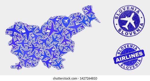 Airlines vector Slovenia map mosaic and scratched stamps. Abstract Slovenia map is created with blue flat scattered air plane symbols and map locations. Delivery scheme in blue colors,