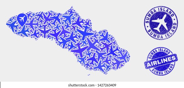 Airlines vector Sumba Island map mosaic and grunge seals. Abstract Sumba Island map is formed from blue flat random airlines symbols and map markers. Tourism plan in blue colors,