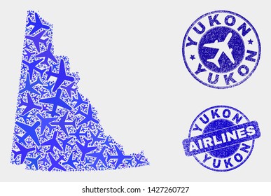 Airlines vector Yukon Province map mosaic and scratched watermarks. Abstract Yukon Province map is organized with blue flat randomized airlines symbols and map locations. Shipping plan in blue colors,