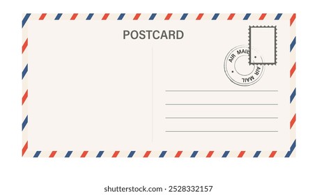 Airmail blank postcard template retro border envelope with stripes. Paper texture, vintage mail. Air post letter. Blank envelope