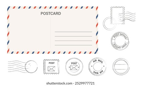 Airmail blank postcard template retro border envelope with stripes stamps set. Paper texture, vintage mail. Air post letter. Blank envelope