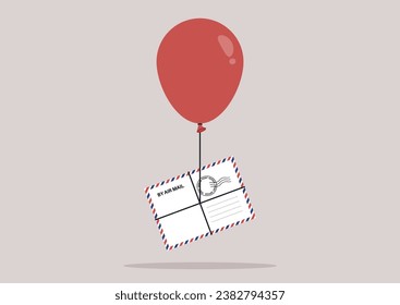 An airmail envelope fastened to a red balloon, serving as a wordplay on air delivery