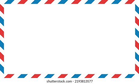 Airmail envelope frame with blue and red stripes on white background. International vintage letter border. Retro air mail postcard. Blank envelope. Vector illustration isolated on white background.