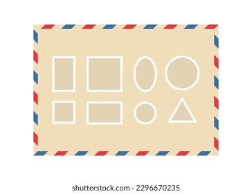 Marco de sobre de correo aéreo con franjas azules y rojas y sellos postales. Frontera internacional de letras antiguas. Postal de correo de aire retro. Sobre en blanco. Ilustración vectorial aislada en fondo blanco.